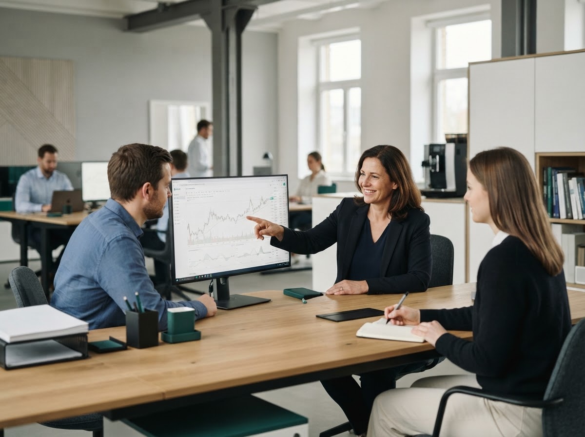 Startups & Developers Team bei der Analyse von Marktdaten am Bildschirm